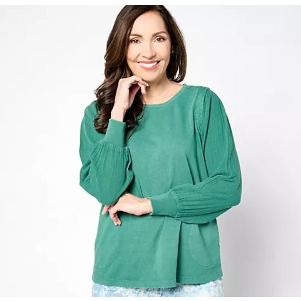 LOGO Life by Lori Goldstein Antique Wash Green Knit Top with Woven Sleeves